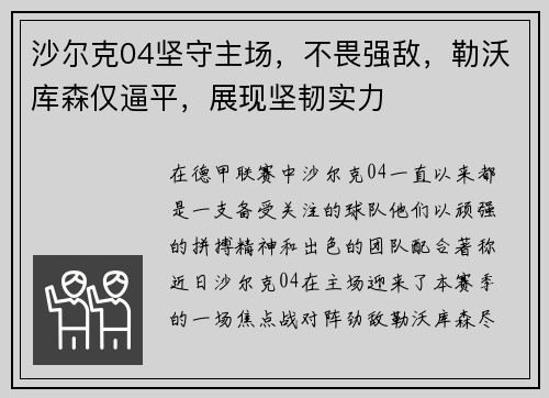 沙尔克04坚守主场，不畏强敌，勒沃库森仅逼平，展现坚韧实力